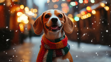 A cheerful beagle wearing a colorful scarf in a festive winter street adorned with lightsの素材