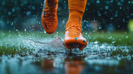 A soccer player dashes through a waterlogged pitch, creating splashes with bright orange cleatsの素材