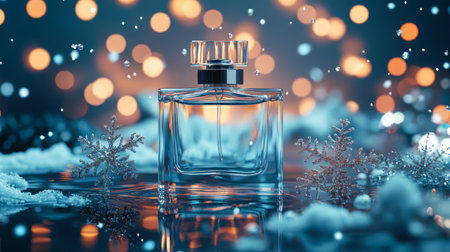 Elegant perfume bottle surrounded by snowflakes and warm lights during a winter eveningの素材