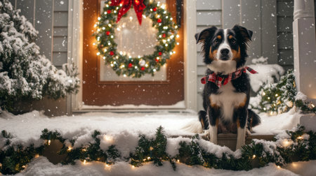 A festive dog in a snow-covered yard with holiday decorations at twilight during winterの素材