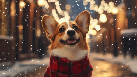 A cheerful corgi wearing cozy red plaid sweater enjoys snowy winter nights in festive townの素材