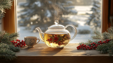 A cozy winter scene featuring a glass teapot and a cup near a frosty windowの素材