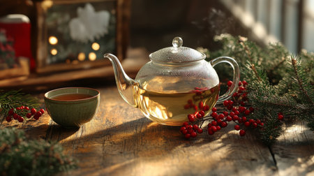 Warm glass teapot with steaming tea beside berries and greenery in a cozy settingの素材