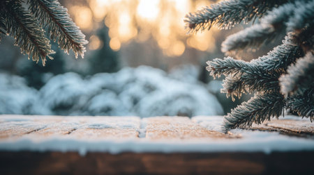 Frosted pine branches frame a rustic wooden table at sunrise in a winter wonderlandの素材