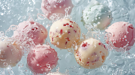 Group of Ice Cream Balls Floating in Waterの素材