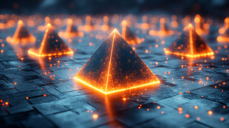 Glowing pyramids on a dark, textured surface create a mystical atmosphere in a digital landscape filled with sparks. Generative AIの素材