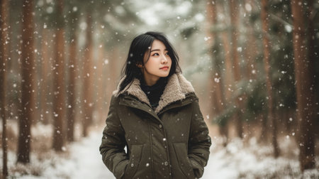 A woman stands in a snowy forest, looking up at the falling snowの素材