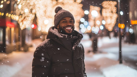 Smiling man in winter coat enjoys snowfall while walking through lit city street at nightの素材