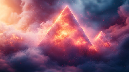 Mystical pyramids emerge from vibrant clouds at sunset, illuminating the sky with hues of orange and purple during twilight. Generative AIの素材