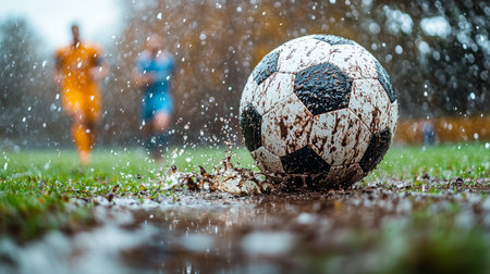 A soccer ball splashes through a puddle during a rainy game at a local field in the afternoon, showcasing a thrilling match. Generative AIの素材
