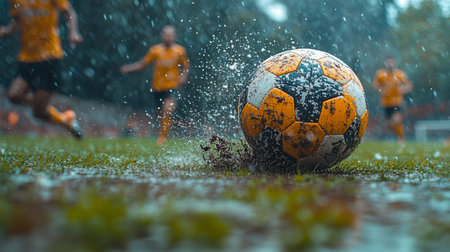 A soccer ball splashes through puddles on a wet field as players engage in an intense match during a rainy afternoon. Generative AIの素材