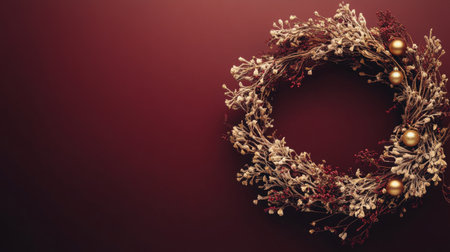 Elegant dried floral wreath with golden ornaments against burgundy wall for seasonal decorの素材