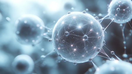 Molecular structures interconnected by strands, showcasing intricate designs of the microscopic world in a luminescent blue hue. Generative AIの素材