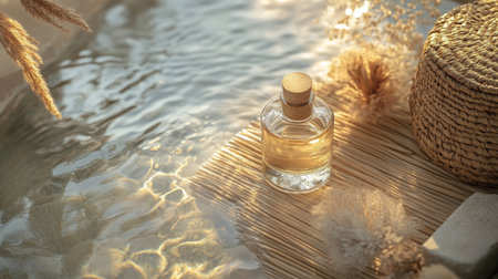 A serene moment with glass bottle on bamboo mat by tranquil water in a peaceful settingの素材