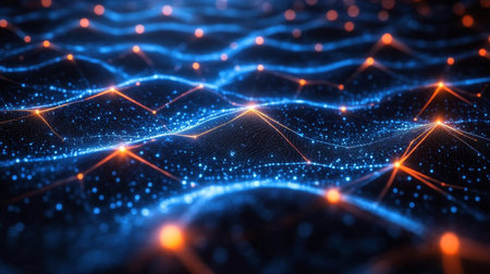 Abstract view of illuminated digital waves in blue and orange tones, showcasing vibrant energy on a dark background. Generative AIの素材