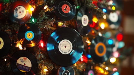 Colorful vintage vinyl records adorn festive Christmas tree with twinkling lights at nightの素材