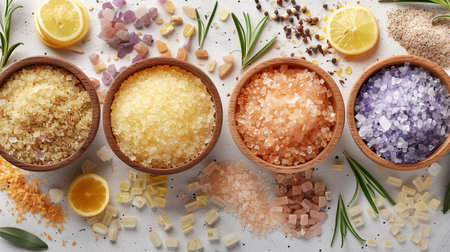 Four Bowls of Colorful Bath Salts and Herbs on a White Surface With Lemon Slices in Daylightの素材
