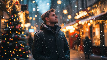 Young man enjoys a snowy evening in a festive city street adorned with holiday lightsの素材