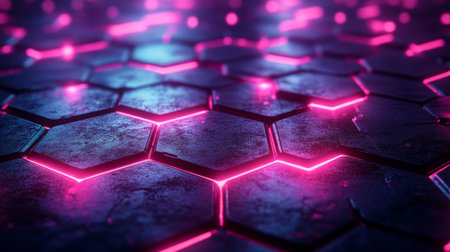 An abstract view of glowing hexagonal tiles with vibrant pink neon lights illuminating a dark surface at night. Generative AIの素材