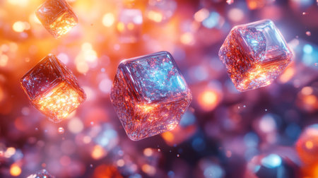 Colorful ice cubes floating in sparkling multicolored backgrounds during an artistic digital rendering experiment. Generative AIの素材