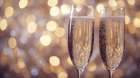 Champagne flutes filled with bubbly drink against a festive blurred background of lightsの素材