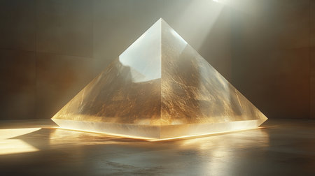A glowing translucent pyramid emits light in an ancient stone chamber during a mysterious archaeological discovery. Generative AIの素材