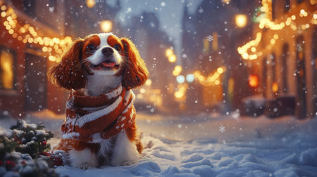 A charming dog in a cozy scarf enjoying snowflakes in a festive winter street settingの素材