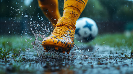A player kicks a soccer ball in the rain, creating splashes on a wet field during an outdoor match. Generative AIの素材