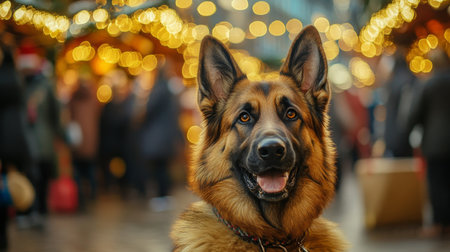 A German Shepherd stands in a bustling outdoor market, surrounded by twinkling lightsの素材