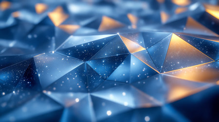 Intricate geometric patterns illuminated by soft amber light on a reflective blue surface creating a mesmerizing visual effect. Generative AIの素材