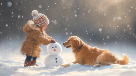 A young child builds a snowman with golden retriever in a snowy landscape on a winter dayの素材