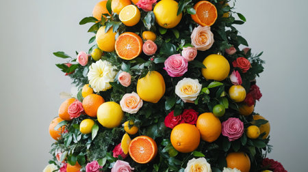 Colorful fruit and flower arrangement resembling festive tree decoration in a bright roomの素材