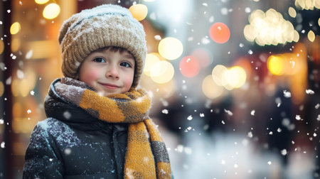 A cheerful child in winter attire enjoys snowfall on festive street decorated with lightsの素材