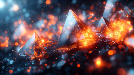 Glowing pyramids illuminated by lava-like elements create a mesmerizing display of color and light in a fantastical landscape. Generative AIの素材