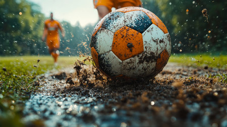 A close-up of a muddy soccer ball rolling on a rain-soaked field with players in motion during a lively sports match. Generative AIの素材