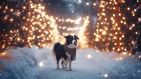 A dog wearing a scarf standing in a snowy pathway illuminated by festive lightsの素材