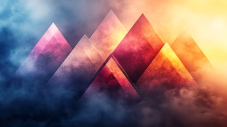 Geometric mountain shapes rise through colorful clouds, illuminated by a dramatic sunset, creating a breathtaking blend of nature and artの素材