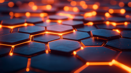 Intricate hexagonal pattern glowing with warm orange light in a dark environment creates a vibrant, modern atmosphere. Generative AIの素材