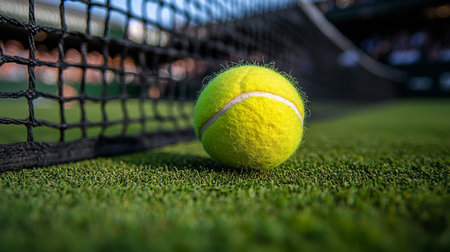 Tennis ball resting near the net on lush green grass during a sunny day at a professional tennis tournament. Generative AIの素材