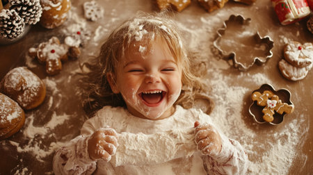 A little girl laughs while playing in flour during a Christmas cookie baking sessionの素材