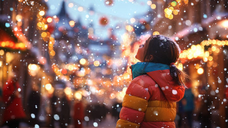A child enjoys snowy weather while gazing up at colorful lights during a winter eveningの素材