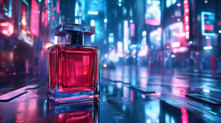 A vibrant perfume bottle on a wet city street illuminated by neon lights at nightの素材