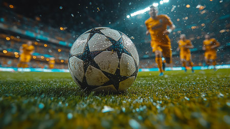 Exciting moment during a soccer match at night with close-up of a wet ball and players in orange uniforms running toward it. Generative AIの素材