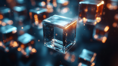 Floating transparent cubes illuminated by soft light in a dark environment create a mesmerizing visual effect. Generative AIの素材