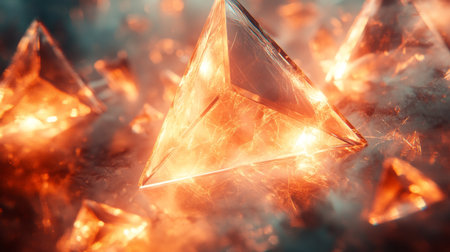 Vibrant orange crystalline structures glimmering in a mystical scene with radiant light reflections and an ethereal background. Generative AIの素材
