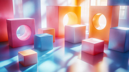 Colorful geometric shapes arranged artistically on a reflective surface with soft light and shadows in a bright room. Generative AIの素材