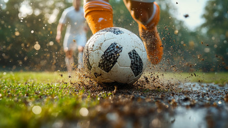 A soccer player kicks a muddy ball on a wet field during an intense match in the late afternoon. Generative AIの素材