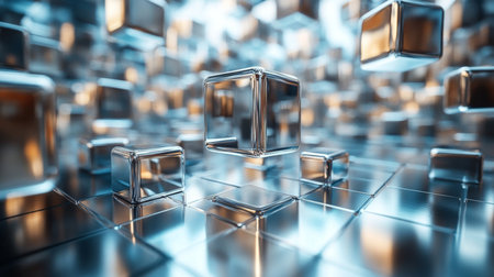 Abstract representation of floating glass cubes in a reflective digital landscape during a futuristic setting. Generative AIの素材
