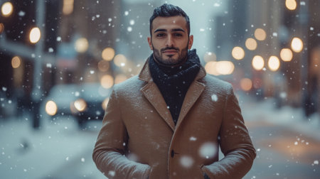 A man in a warm coat stands confidently on a snowy urban street during winters eveningの素材