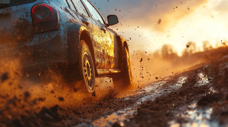 A rugged car splashes through muddy terrain at sunset, showcasing thrill and adventure in a natural landscape. Generative AIの素材